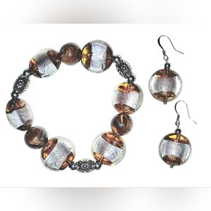 Brown And Silver Stripe Lampwork Glass Beads Handmade Bracelet And Earrings Set